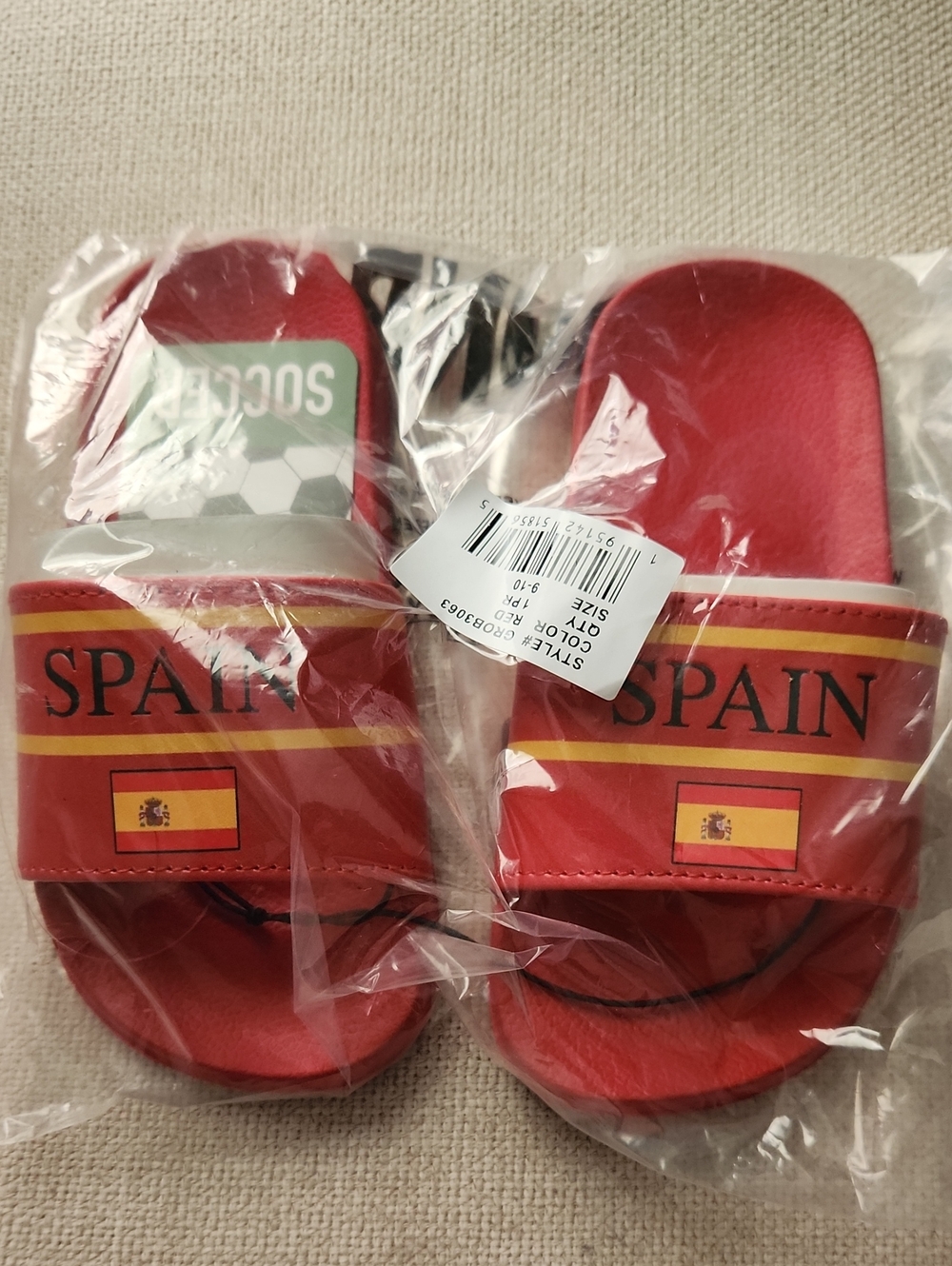 Kids Red Spain Graphic Slide Sandals Soccer Size 9-10
